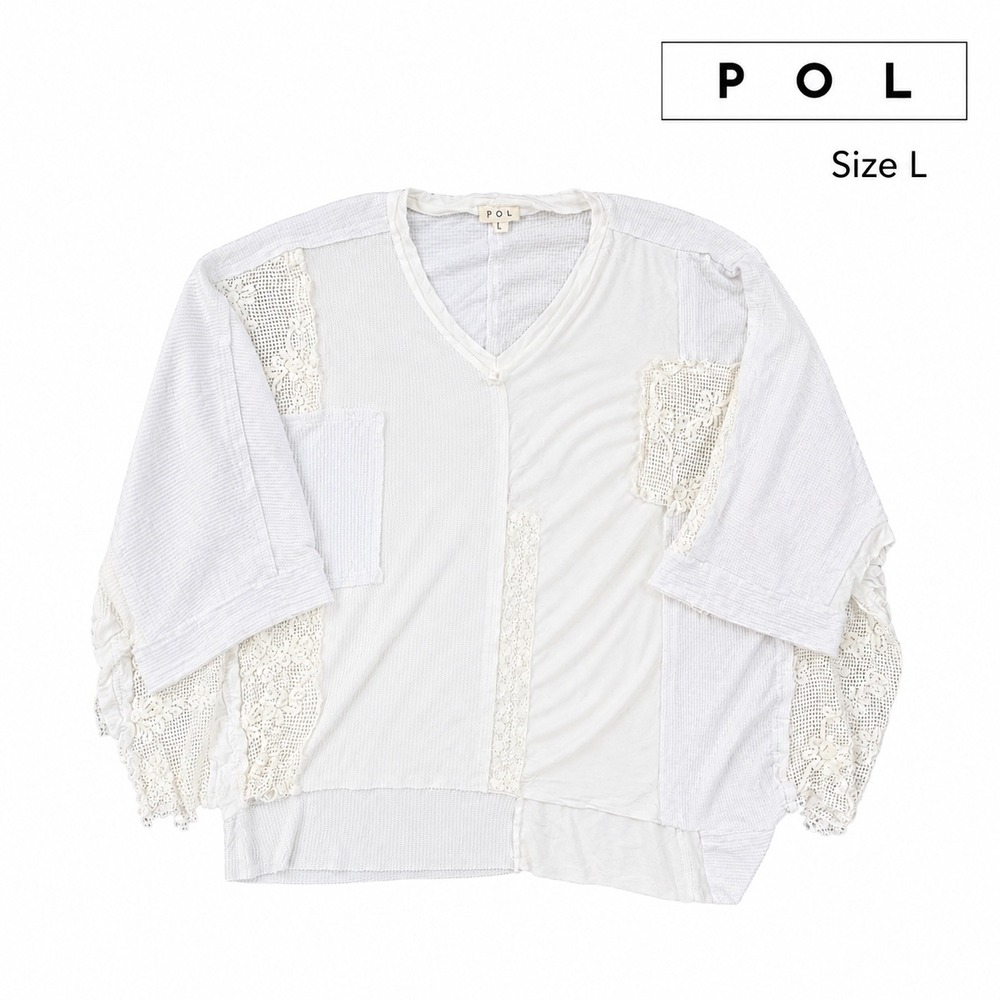 POL Oversized Patchwork Lace Thermal Knit Top White Boho Cottagecore Size L